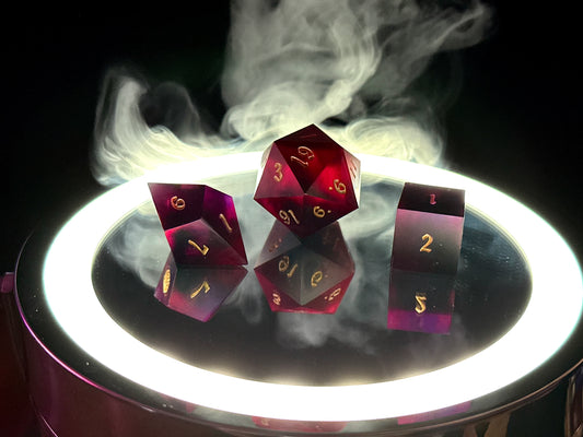 Kostki RPG d20 d8 d6 czerwono rubinowe dymne – customowe żywiczne