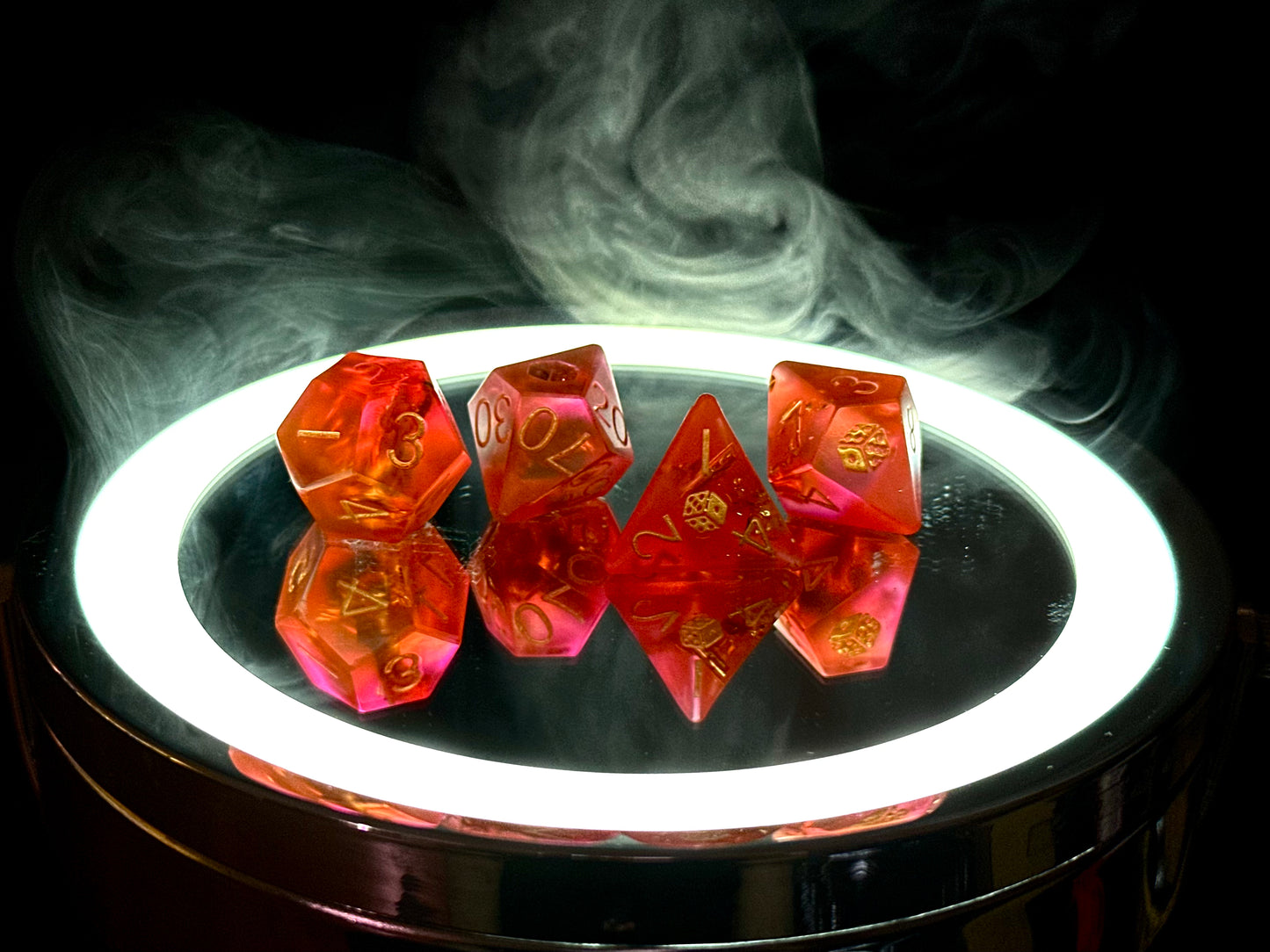 Zestaw kostek RPG d12 d100 d10 d8 pomarańcz złota folia – żywiczne premium