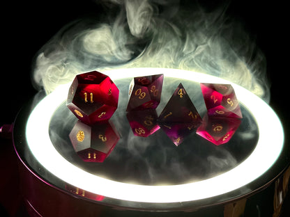 Zestaw kostek RPG d12 d100 d10 d8 rubin czarny dym – ręcznie wykonane