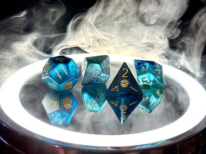 Zestaw kostek RPG d12 d100 d10 d8 turkus czarny dym – ręcznie wykonane